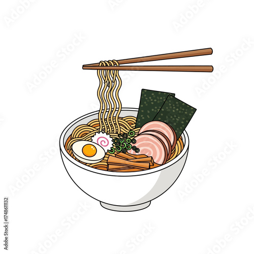 Savoring a steaming bowl of delicious ramen with chopsticks lifting savory noodles, a culinary delight for any food lover.