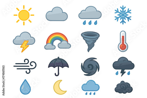 Weather icons set: sun, cloud, rain, snowflake, rainbow, tornado, wind, umbrella, thermometer