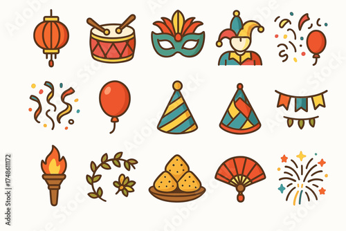 Festive icons: lanterns, drums, masks, and fireworks for celebrations and parties