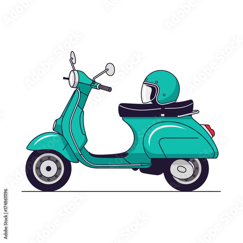 Stylish teal retro scooter with helmet ready for urban adventures and city exploration