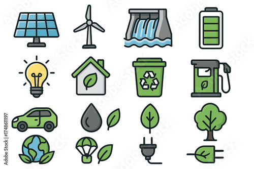 Eco-friendly icons: solar panel, wind turbine, recycling, electric vehicle, renewable energy symbols