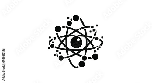 Abstract atomic structure with an eye at its core, symbolizing scientific observation and discovery