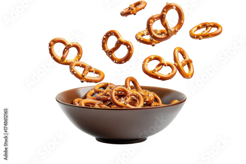 Delicious pretzels scattered playfully above a bowl, inviting a tasty snack experience