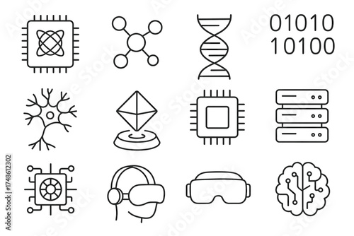 Futuristic technology icons featuring microchips vr headsets dna neural networks and ai brain