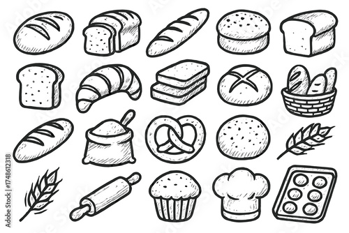 Hand-drawn bakery icons featuring bread, pastries, and baking tools in sketch style