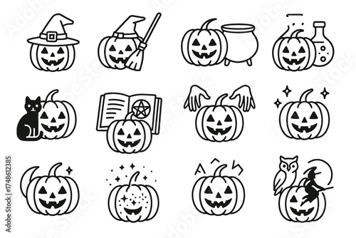Halloween pumpkin icons with witch hat, cat, book, owl, and cauldron