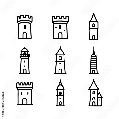 set of outline icons castle towers vector on a white background
set of 9 line icons, vector, on a white background