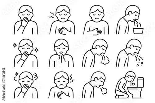 Male experiencing nausea and vomiting sequence line art illustrations