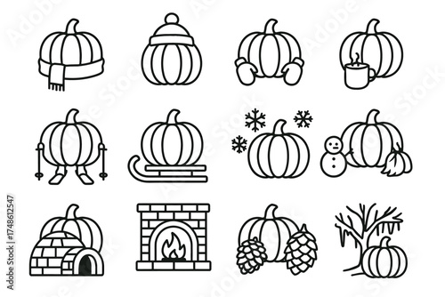 Winter-themed pumpkin icons featuring warm clothing, activities, and seasonal symbols