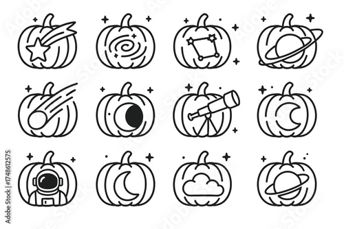 Space-themed pumpkin icons with stars, planets, and astronaut elements