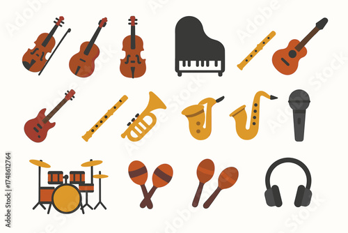 Collection of musical instruments featuring strings, brass, woodwinds, and percussion