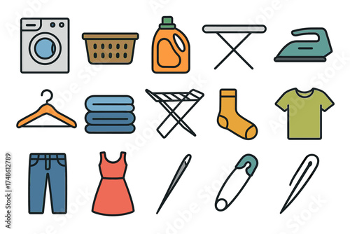 Icons of laundry essentials: washing machine, iron, clothes and sewing tools
