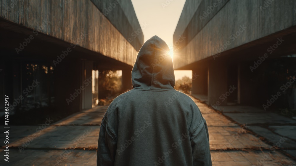 Naklejka premium Person Wearing Gray Hoodie Standing Between Modern Buildings During Golden Hour With Sun Flare
