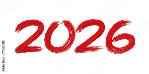 Red brush stroke numbers 2026 with white outline on black background year new year isolated on a transparent background