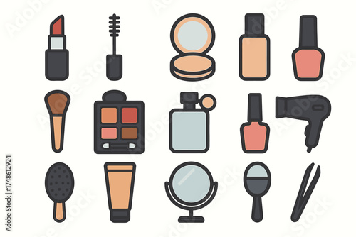Essential makeup and beauty tools collection: lipstick, brush, mirror, nail polish, compact