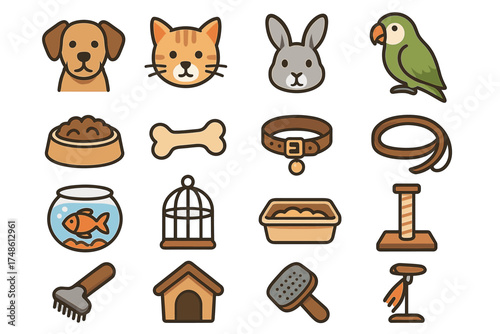 Cute pet icons featuring dog, cat, rabbit, parrot, and pet accessories