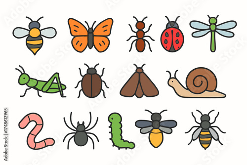 Colorful cartoon insects collection: dragonfly, ladybug, snail, bee, ant, grasshopper