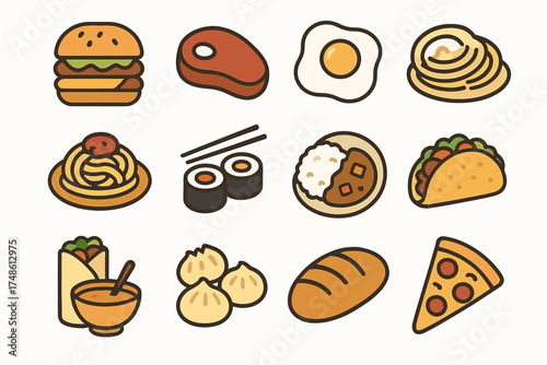 Colorful cartoon icons of various international foods on white background