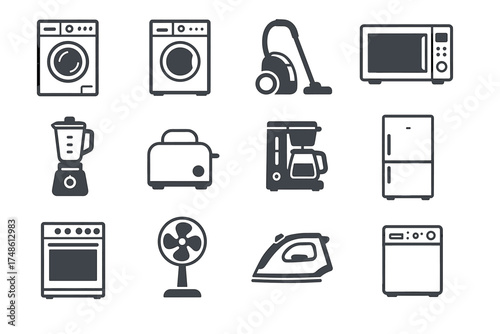 Essential household appliances icons: washer, vacuum, microwave, blender, fridge, and more