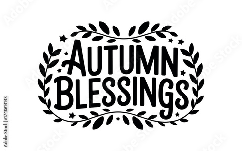 Vector art of autumn blessings text with leaves and stars, a seasonal greeting design