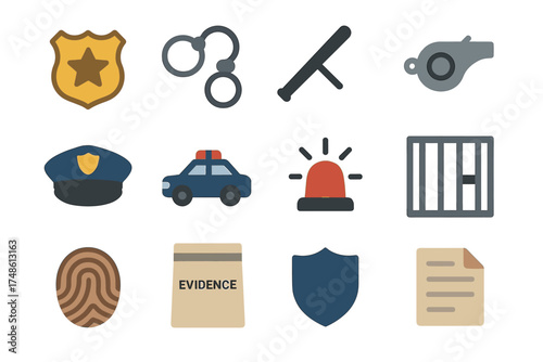 Police and crime icon set featuring badge, handcuffs, whistle, and evidence