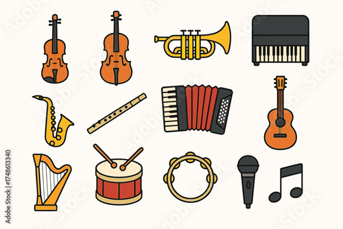 Colorful icon set of musical instruments including violin and trumpet