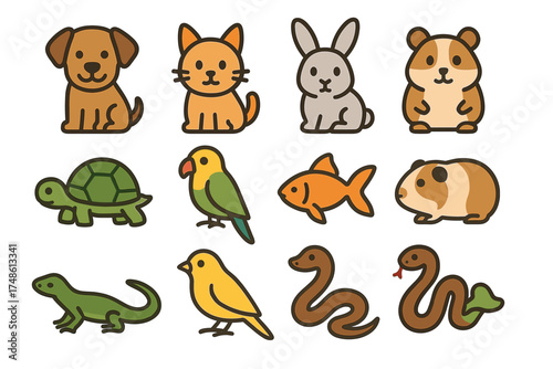 Cute cartoon animals collection: cat, dog, rabbit, hamster, turtle, parrot, fish, snake, lizard