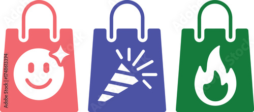 Vector art of shopping bags with smile, party popper, and fire for retail concept