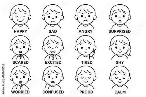 Child emotions grid: happy, sad, angry, surprised, scared, excited, tired, shy, worried, confused, proud, calm