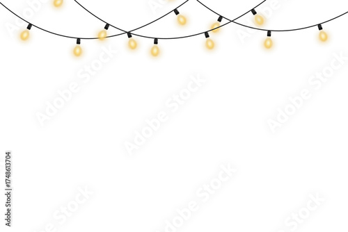 Warm glowing string of Christmas lights with golden bulbs, transparent vector illustration for winter holiday decorations, luxury designs, and festive event graphics.