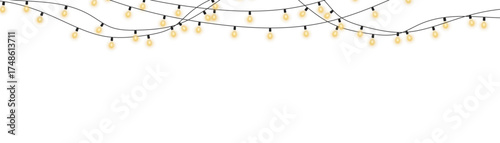 Christmas light garland glowing with warm golden bulbs, isolated on transparent background, perfect for festive winter decoration, elegant New Year design, and cozy holiday celebration banners.