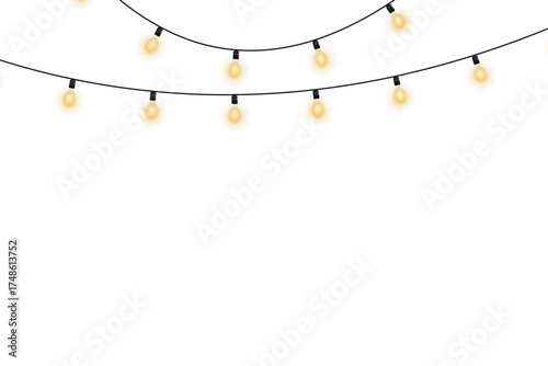 Glowing Christmas lights isolated on transparent background, festive LED garland with warm yellow glow, perfect for winter decor, event invitations, web advertising, and seasonal celebration design pr