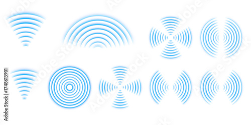 Sound sonar pulse vector design with blue circular waves. Abstract concentric echo pattern symbolizing vibration, sound propagation, and radar detection concept on transparent background.