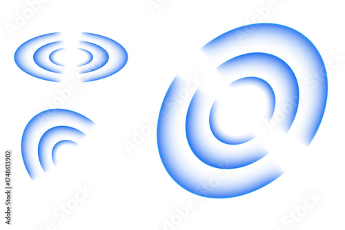 Abstract radar sonar pattern with blue echo rings. Vector sound frequency visualization showing circular vibration, wave propagation, and technology-based signal emission.