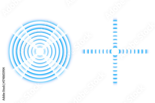 Echo radar rings and sonar sound pattern. Vector blue circular frequency illustration for wave signal, pulse vibration, communication, and scientific background design.