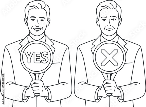 Vector art of two businessmen holding yes and no signs, showing different emotions