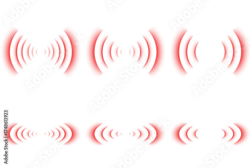 Red radar wave set in vector format. Circular target rings, pain icons, and abstract vibration signals representing sound, pulse, or ache point design for healthcare or tech usage.