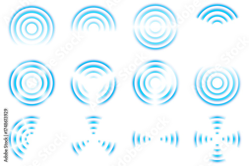 Vector sound radar waves with concentric rings and blue gradient. Abstract sonar pattern illustrating vibration, echo detection, and technology signal visualization on transparent background.