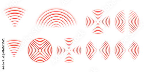 Vector collection of red radar rings and pain target spots. Abstract concentric signal patterns for digital, medical, or geometric backgrounds. Isolated circle wave shapes illustration.