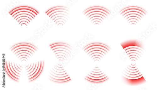 Red radar circles and wave rings collection. Abstract target symbols representing pain, sound, or pulse point design. Vector concentric pattern on transparent background for medical and tech themes.