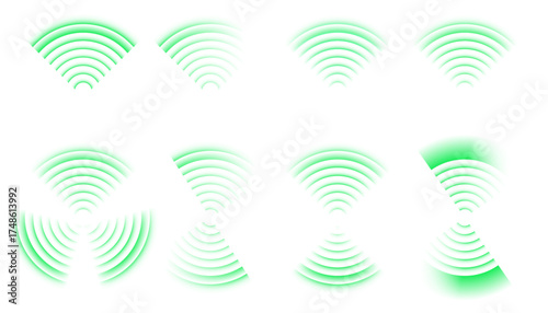 Vector green radar circles and signal waves. Abstract concentric pulse pattern symbolizing detection, vibration, and energy emission in technology or science illustrations.