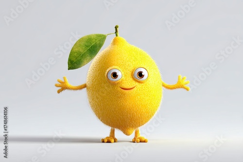 Cute Animated Lemon Character with Big Eyes and Leaf Standing with Arms Outstretched on White Background