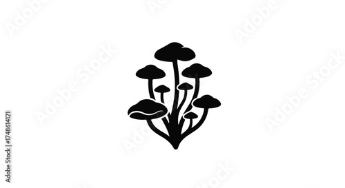 Stylized cluster of mushrooms rendered in a minimalist black and white silhouette.