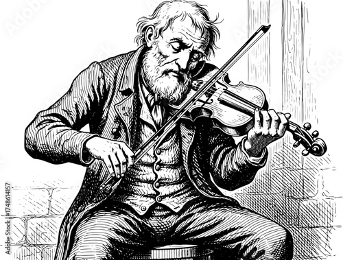 A vintage black and white illustration of an elderly, bearded man sitting and playing the violin with his eyes closed.