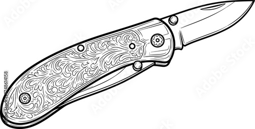 An intricately engraved folding pocket knife with a sharp blade and ornate handle design.