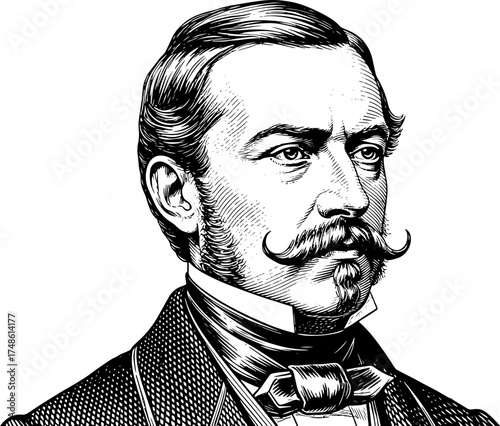 Black and white portrait of a distinguished gentleman with a prominent mustache and sideburns.