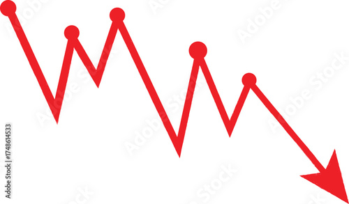 Red downward arrow graph showing financial loss and market decline. Symbol of crisis, decrease, and negative trend in business analytics. Perfect for finance, stock, and economy design projects.
