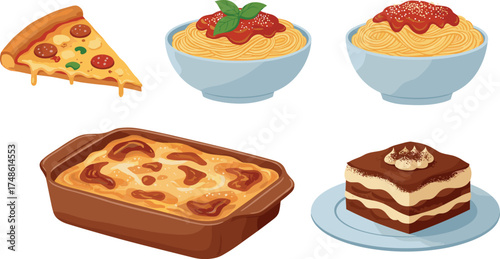 Illustration of pizza slice, two bowls of spaghetti, lasagna, and tiramisu on transparent background
