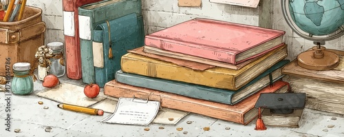 Stack of colorful books and desk items in an educational setting