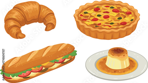 Assortment of baked goods: croissant, quiche, sandwich, and flan on transparent background